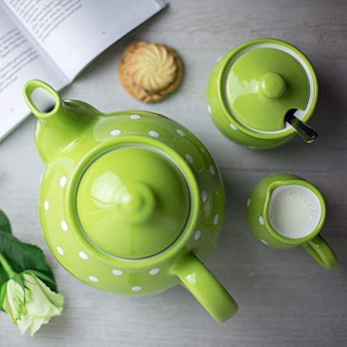 Handmade Green i bijeli Polka Dot keramički set, veliki čajnik od 1,7 ° / 4-6, vrč mlijeka, šećerna posuda, četiri čaše i tamne uređaje,