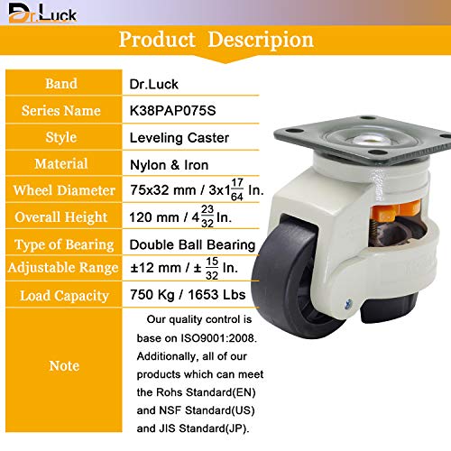 Dr. Luck 3-inčni okretni stroj za izravnavanje Kotač sa najlonskim kotačem, Uvlačiva Mašina za stopala horizontalna podrška gornja
