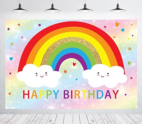 Rainbow rođendanske Pozadine za djevojčice Bokeh dekoracija za Sretan rođendan potrepštine za djecu Rainbow Clouds Cake Table Banner