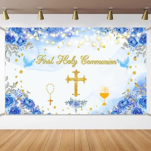 Prvo sveto zajedništvo Backdrop Bapting Krštenje krštenja Bog blagoslovi ukrasi za zabavu Banner Blue Firstly Communistion Baby Tuš
